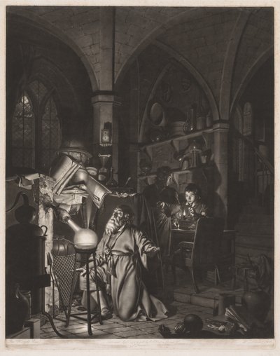 Az alkimista a bölcsek kövét keresve felfedezi a foszfort és imádkozik..., 1775. alkotó: William Pether