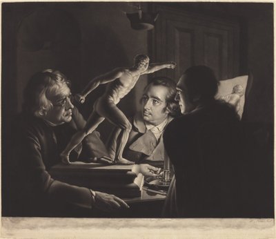 Három személy nézi a Gladiátort gyertyafénynél alkotó: William Pether after Joseph Wright