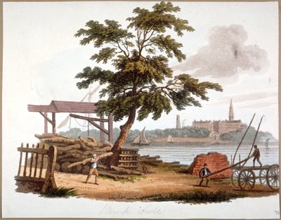 Férfiak fát szállítanak a londoni Bankside-ban, Southwarkban, c1810 alkotó: William Pickett