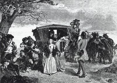 Claude Duval autópálya-ember abban a legendás pillanatban ábrázolja, amikor nem hajlandó elvinni az összes zsákmányát, ha áldozatának felesége „courantét” táncol vele a Hounslow Heath-en (metszet) alkotó: William Powell (after) Frith