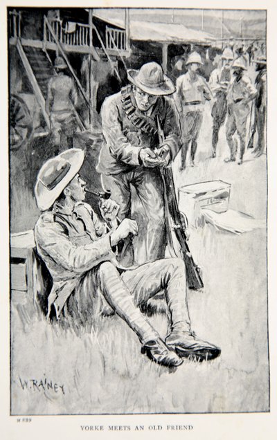 Yorke találkozik egy régi barátjával, egy illusztrációval a „Robertsszel Pretoriába: A dél-afrikai háború meséje”, G.A. Henty, kocsma. London, 1902 alkotó: William Rainey