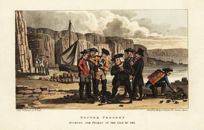 Angol turisták nézik, ahogy a skót halászok gyöngy osztrigát nyitnak a skóciai Skye szigetén alkotó: William Read