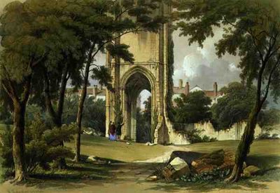 Gray Friars, Richmond, kilátás a toronyra, a Yorkshire kolostori romjaiból, George Hawkins (1819-52) metszetében alkotó: William Richardson