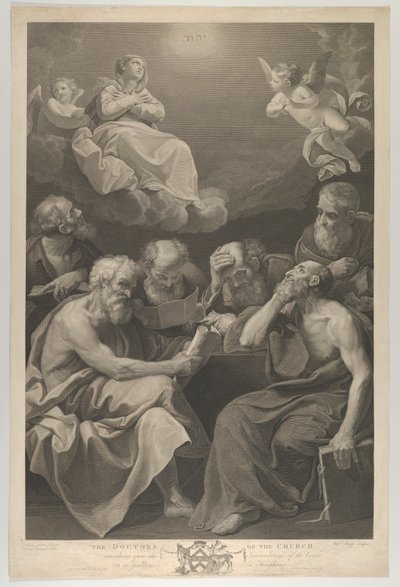 Az egyház orvosai könyveket és dokumentumokat nézegetnek és a Szűzanyát szemlélik, aki ..., 1785 alkotó: William Sharp
