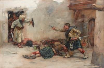 A 92. Gordon Highlanders csapatának James Roddick dobosa, Menzies hadnagy védelmezője a kandahári kézi harcok során. alkotó: William Skeoch Cumming