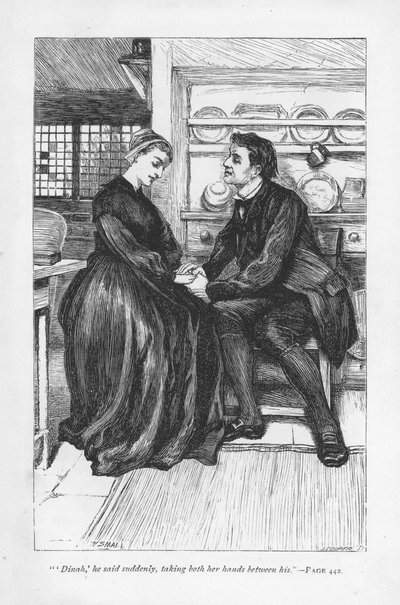 A történet megpróbáltatásai és megpróbáltatásai után Adam Bede kinyilvánítja szerelmét Dinah Morrisnak, a metodista prédikátornak. Adam Bede, George Eliot, először megjelent 1859-ben. Illusztráció: William Small (1843-1929) egy 1885-ben megjelent kiadásból alkotó: William Small
