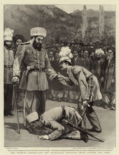 Habibullah és Nasrullah hercegek üdvözlik apjukat, az amírt. alkotó: William Small