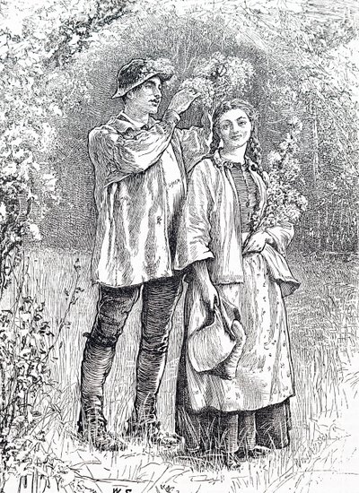 A májusi királynőt kedvese galagonya koszorúval koronázza meg. Szerző: William Small (1843-1929) angol illusztrátor alkotó: William Small