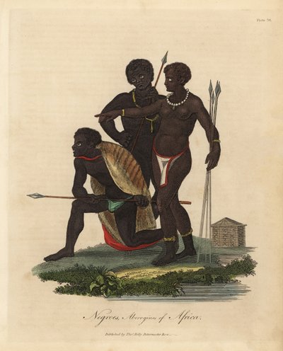 Dél-afrikai bennszülöttek lándzsákkal, állatbőr kabáttal, nyaklánccal alkotó: William Smellie