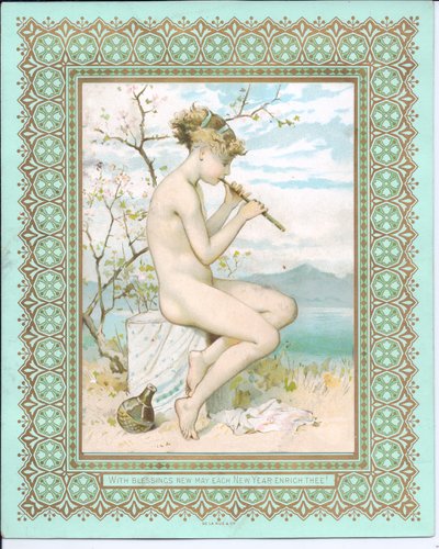 Viktoriánus újévi kártya egy strandon fürdőző szépségről, aki furulyázik, 1881 körül alkotó: William Stephen Coleman