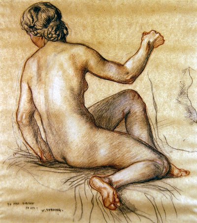 Tanulmány egy hátulról ülő női aktról, 1890 körül (szén, piros-fehér kréta papíron) alkotó: William Strang