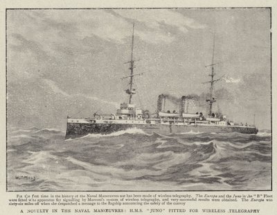 Újdonság a haditengerészeti manőverekben, a H M S Juno vezeték nélküli távírásra alkalmas alkotó: William T. Maud