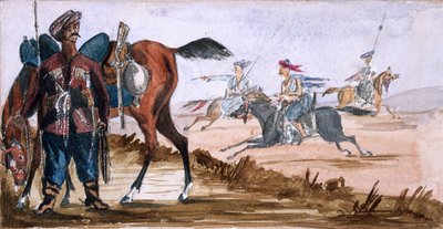 ?A cserkeszi Bashi Bazouk és mások edzés közben a háttérben? alkotó: William Thomas Markham