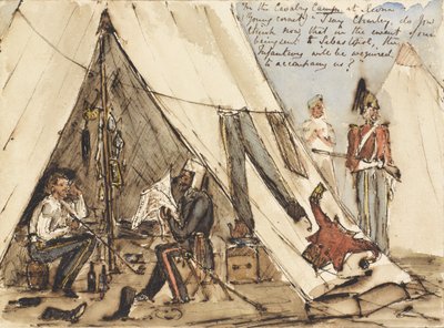 A devnai lovassági táborban (Young Cornet) ?Mondom Charley, most azt gondolod, hogy abban az esetben, ha Sebastopolba küldünk, a gyalogságnak el kell kísérnie minket?, 1854 körül (toll, tinta és wc) alkotó: William Thomas Markham