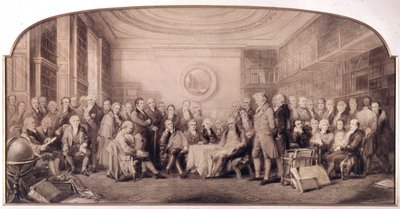 A tudomány jeles emberei 1807-1808-ban. Találkozó az angliai Királyi Tudományos Intézet könyvtárában. William Walker és Sir John Gilbert (1817 - 1897) metszet - A tudomány kiváló emberei, akik 1807-ben éltek - A tudomány kiváló emberei alkotó: William Walker