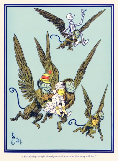 A majmok karjaikba kapták Dorothyt, és elrepültek vele. L. Frank Baum Az Óz, a csodálatos varázsló című regényéből. alkotó: William Wallace Denslow