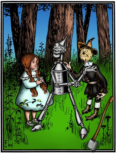 Az Óz varázslója: Denslow, William Wallace (1856-1919) rajza Frank Baum (1856-1919) könyvének első kiadásához 1900-ban – Dorothee (Dorothy) a madárijesztő segítségével segített a bádog favágónak – alkotó: William Wallace Denslow