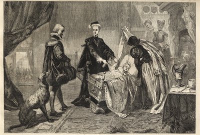 Mária királynő kilép a Stirling kastélyból – Marie Stuart (Skóciai Marie I) fia bölcsője előtt (Jacques Stuart, Jacques VI és én) alkotó: William Ward