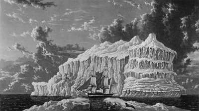Jéghegy a Baffin-öbölben, 1819. július, „Journal of a Voyage for the Discovery of a Discovery of a North West Passage from the Atlantic the Pacific, előadva az 1819–20-as években”, William Edward Parry, publik. alkotó: William Westall