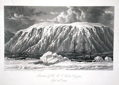 A H.M.S. Hecla & Griper helyzete, 1819. szeptember 20., William Edward Parry "Journal of a Voyage for the Discovery of a North West Passage from the Atlantic to the Pacific performed in the Years 1819-20" című, 1821-ben megjelent művéből (metszet). alkotó: William Westall