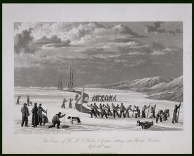 A H.M.S. legénysége Hecla und Griper bevágott a Winter Harbourba, 1819. szeptember 26-án, a „Journal of a Voyage for the Discovery of the Discovery of the North West Passage from Atlantic the Pacific” című művéből. alkotó: William Westall
