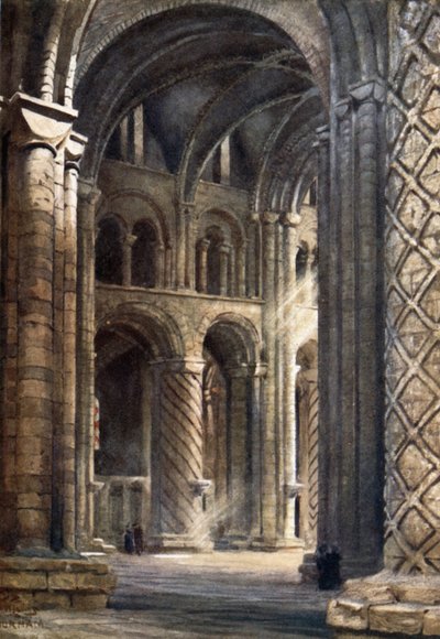 Durham, a katedrális belseje a hajón át a déli kereszthajóba (színes litho) alkotó: William Wiehe Collins