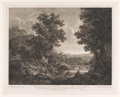 Táj figurákkal egy tűz körül, egy rajzolóval és egy folyóparton Első prémium tájkép alkotó: William Woollett