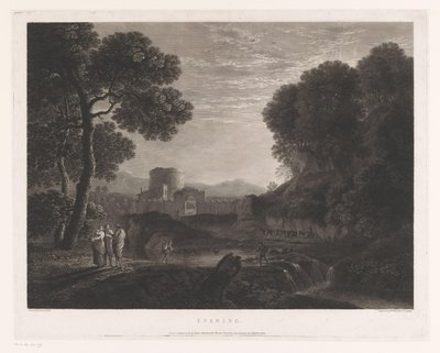 Táj kapuval és toronnyal a folyó partján Este (cím a tárgyon) alkotó: William Woollett