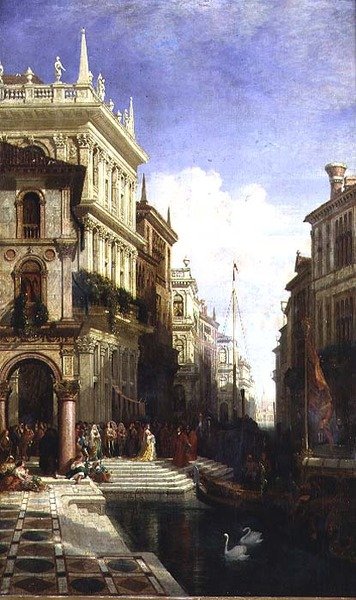 Capriccio Velence látképe egy hercegnővel, akit a Scuola di San Marco hátsó részénél egy gondolához vezetnek. alkotó: William Wyld