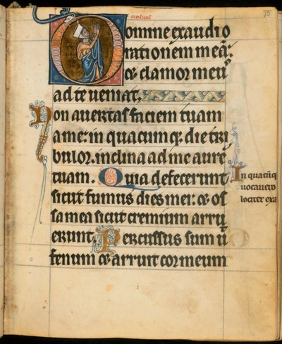 Hozzáadás. 49999, f.75 Kezdő "D", amely egy nőt ábrázol imában, illusztráció a "De Brailes Hours"-ból, 1240 körül (vellum) alkotó: William de Brailes