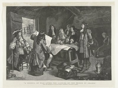 III. Vilmos haditanácsot tart egy halászkunyhóban, 1688 Haditanács a narancsos herceg partraszállása után (cím a tárgyon) alkotó: Williamson