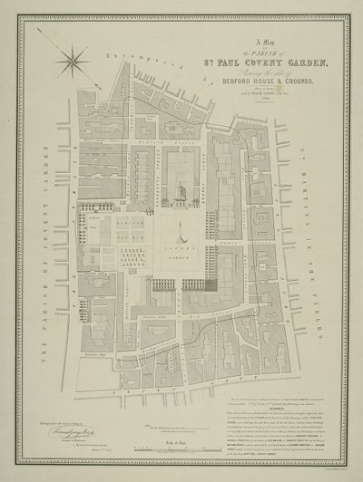 A Covent Garden-i St. Paul plébánia térképe, amelyen a Bedford-ház és annak telke látható, a W.P. Metchim, 1686 alkotó: Willian Leybourn