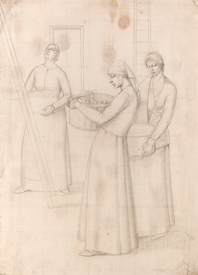 Tanulmány a „Dizájn faldíszítéshez” témakörhöz – Három nő almás kosárral, 1918 körül (ceruza papíron) alkotó: Winifred Knights