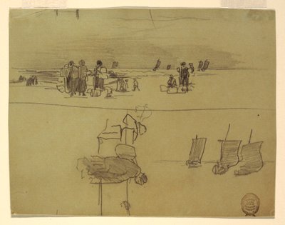 Rajz, Tengerparti jelenet kosaras nőkkel, Cullercoats, Anglia, 1881-82 alkotó: Winslow Homer