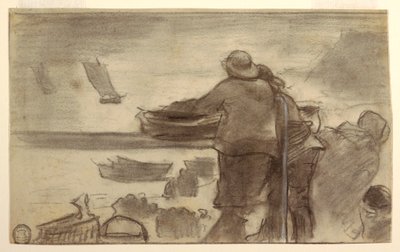 Rajz, Strand csónakokkal és emberekkel, Cullercoats, Anglia, 1881-82 alkotó: Winslow Homer