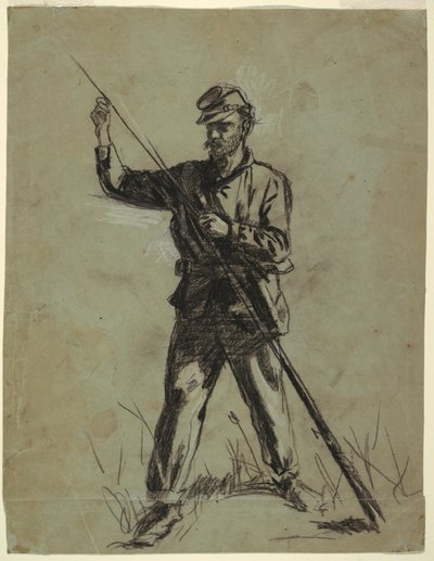 Rajz, lovassági katona puskát tölt, 1863-64 alkotó: Winslow Homer