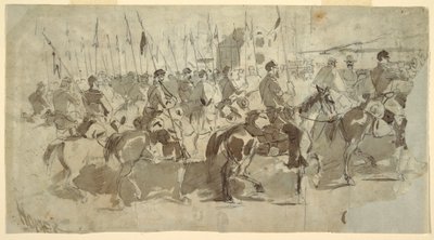 Rajz, McClellan tábornok hatodik lovasezrede Alexandriában az Old Point Comfortba indul, 1862. április 2. alkotó: Winslow Homer