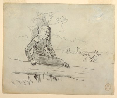 Rajz, Lány egy fatörzsön ülve, 1879 alkotó: Winslow Homer