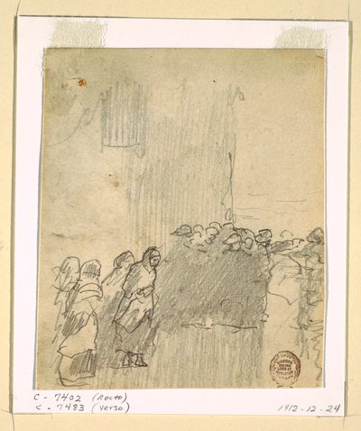 Rajz, Férfiak és nők a tengerre néznek, Cullercoats, Anglia, 1881 alkotó: Winslow Homer