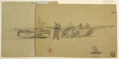 Rajz, Férfiak és nők kirakodnak egy halászbárkát, Cullercoats, Anglia, 1881-82 alkotó: Winslow Homer