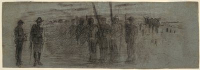 Rajz, tiszt és segédtiszt ellenőrzi a századot, valószínűleg 1864 alkotó: Winslow Homer