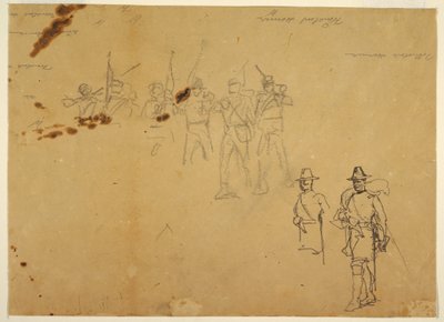 Rajz, Vázlatok egyszemélyes gyalogsági figurákról és gyakorló aláírások, 1862 alkotó: Winslow Homer