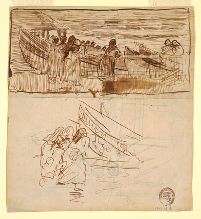 Rajz, Két tanulmány a nőkről, akik a csónakok vízre bocsátását figyelik, Cullercoats, Anglia, 1881 alkotó: Winslow Homer