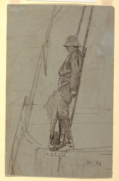 Rajz, Fiatal férfi a vitorlás kötelékének támaszkodva, valószínűleg 1861-62 alkotó: Winslow Homer