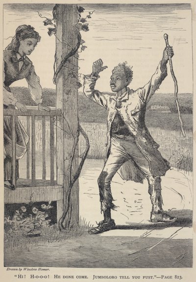 "Szia! H-o-o-o-o! He Done Come. Jumboloro Tell You Fust.", a The Galaxy 1869. júniusi számából. alkotó: Winslow Homer