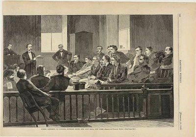 Esküdtek hallgatják az ügyvédet, Legfelsőbb Bíróság, New City Hall, New York alkotó: Winslow Homer