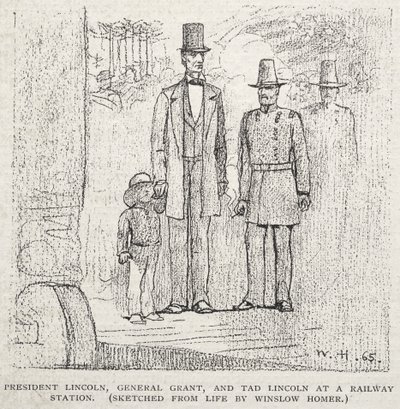 Lincoln elnök, Grant tábornok és Tad Lincoln egy vasútállomáson alkotó: Winslow Homer