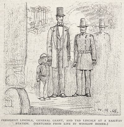 Lincoln elnök, Grant tábornok és Tad Lincoln egy pályaudvaron, 1887. alkotó: Winslow Homer