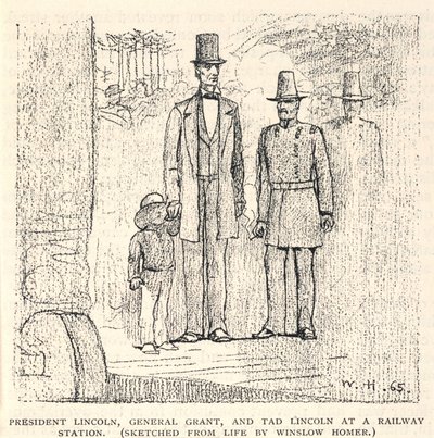 Lincoln elnök, Grant tábornok és Tad Lincoln egy vasútállomáson, a The Century Magazine 1887. novemberi számából. alkotó: Winslow Homer