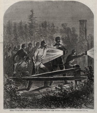 Lázadók a munkájukon kívül Yorktownban, felderítés sötét lámpásokkal, 1862. alkotó: Winslow Homer